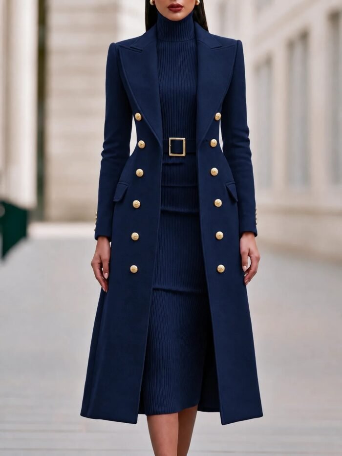 Alternative view of Double Breasted Woolen Large Overcoat And Belt Knitted Dress Two-piece Set