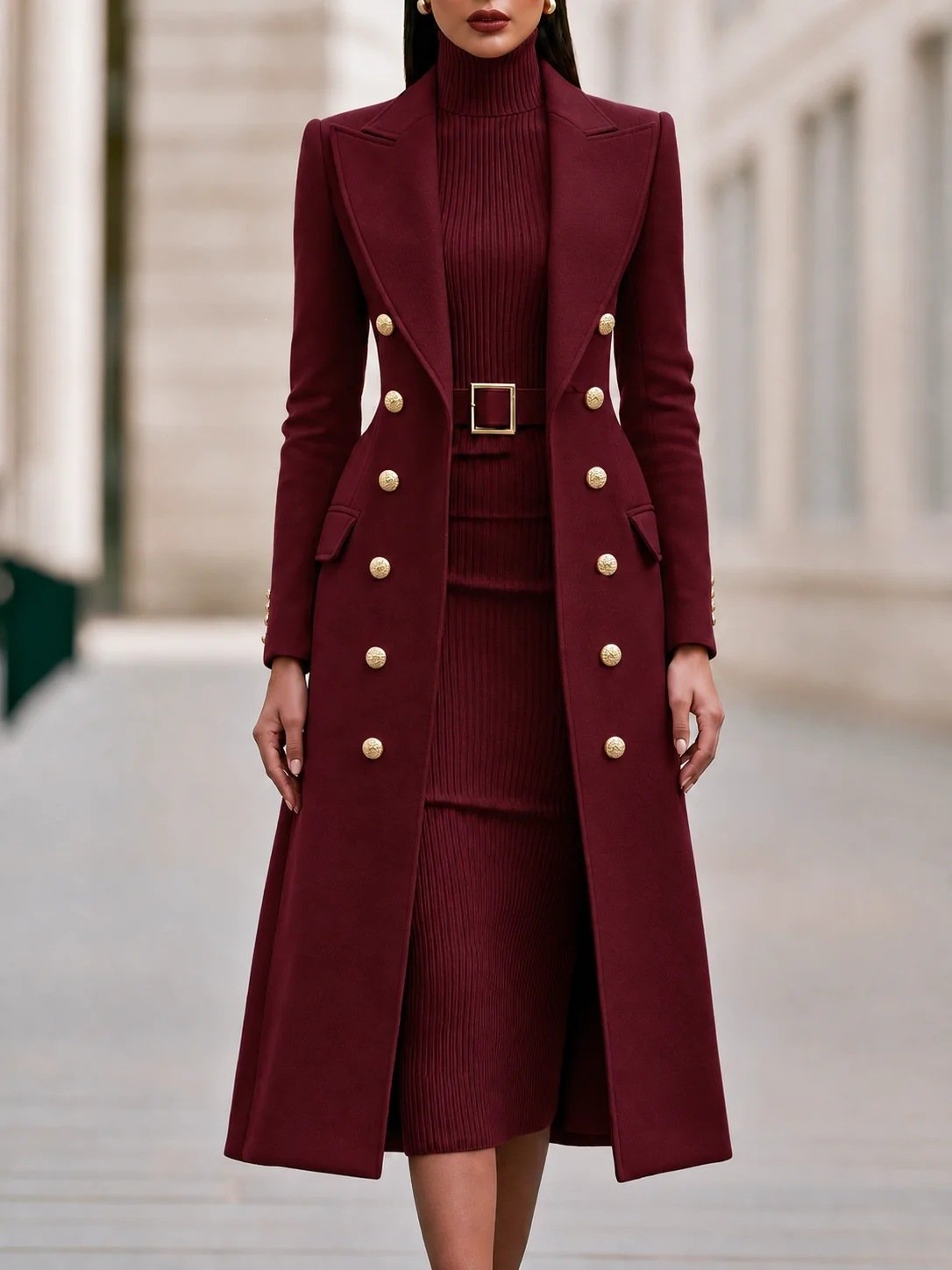 Double Breasted Woolen Large Overcoat And Belt Knitted Dress Two-piece Set 9 Double Breasted Woolen Large Overcoat And Belt Knitted Dress Two-piece Set - Image 9